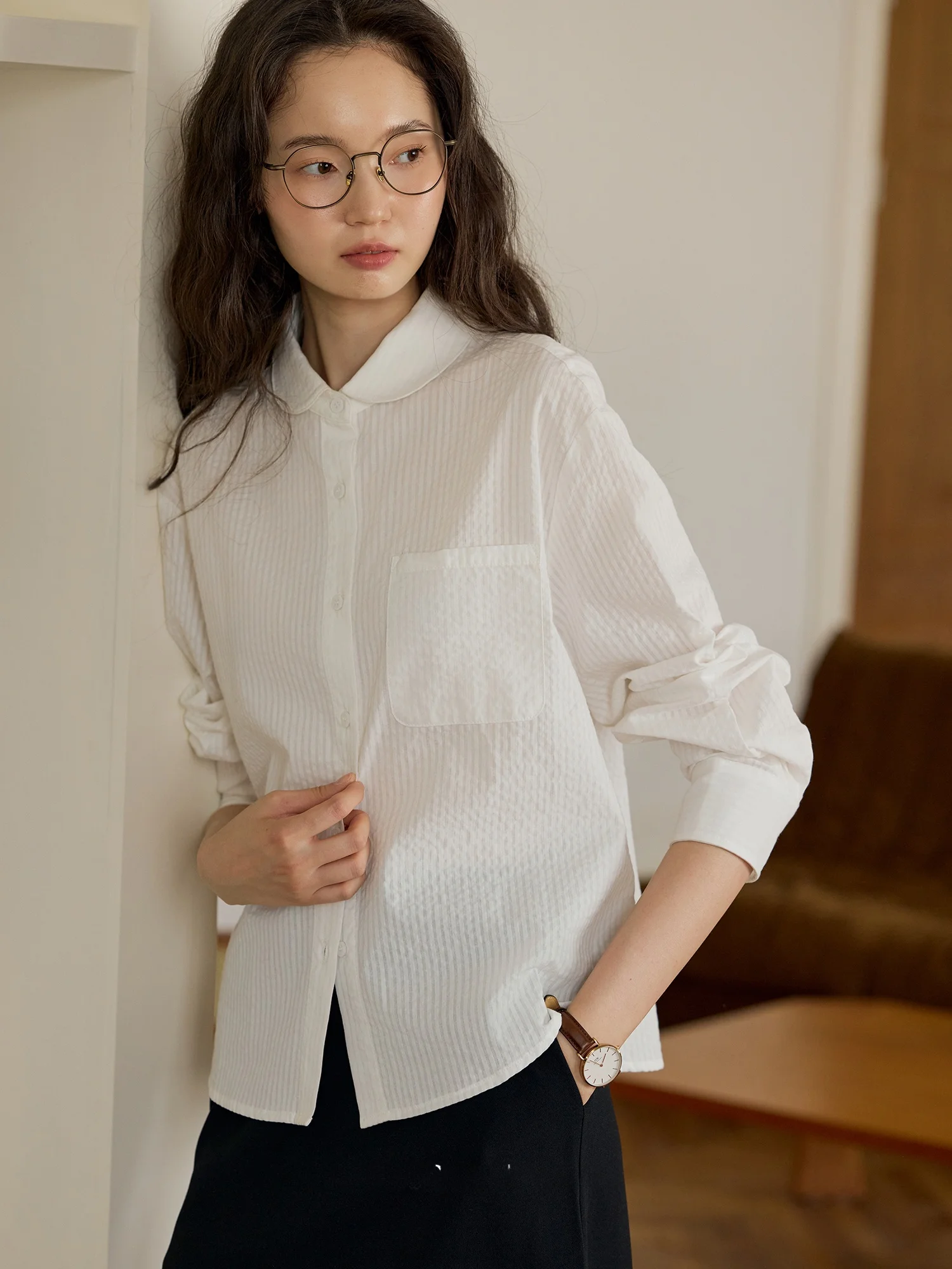 

Limited Edition "London Rain" Bubble Cotton Long Sve Casual irt Women's Collared Slimming Versatile Leisure Top