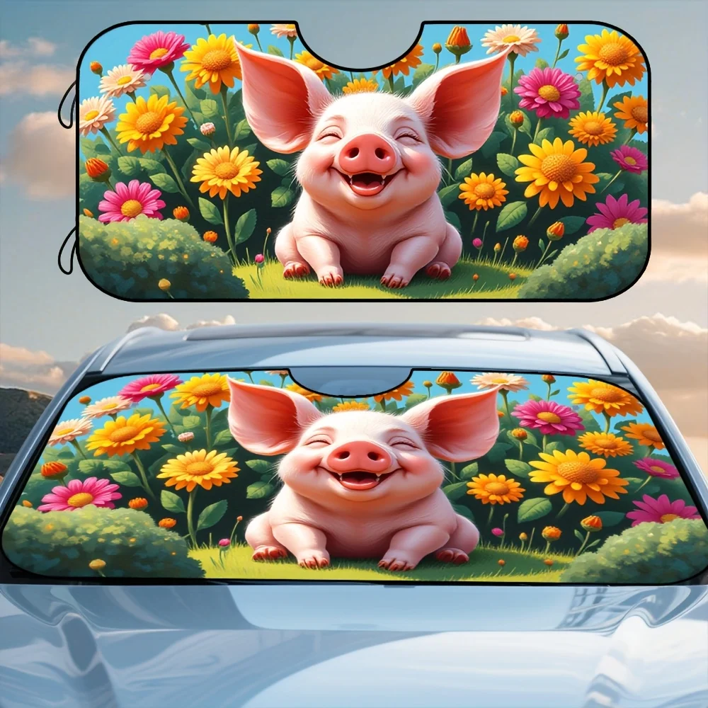 

1pc Cute Smiling Pig Windshield Sunshade For Cars - Pink Pig & Multicolor Flowers (Daisies, Sunflowers) UV Canopy, Fit Foldable