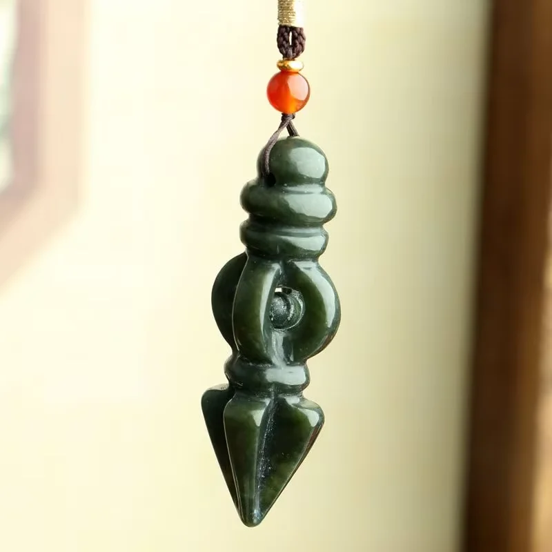 Natural Hetian Green Jade Vajra Pestle Pendant Engraver Charms Fashion Jewelry Women Men Necklace Amulet Mascots Holiday Gifts