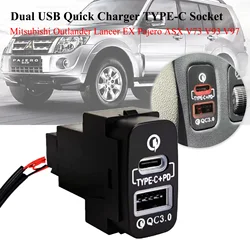 Dual USB Car Quick Charger Type-C PD +Type A Socket For Mitsubishi Outlander Lancer EX Pajero Sport ASX V73 V93 V97 Charging