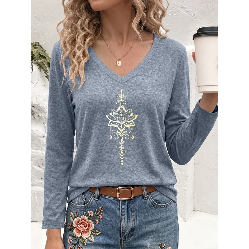 Autumn Winter New Style Lotus Pattern Printed V Neck Long Sleeve T Shirt Loose Soft Casual Comfort Pure Rebirth Spiritual Awaken