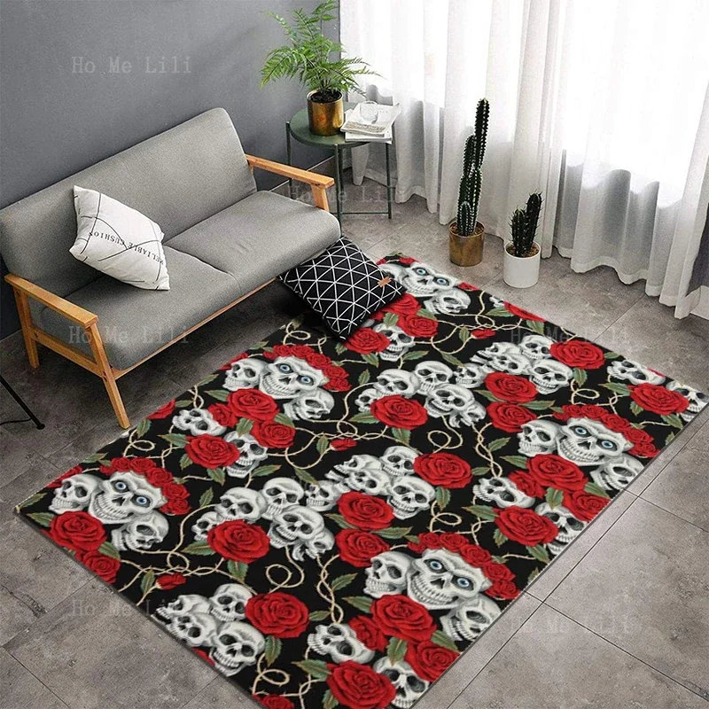 Red Rose Green Leaf White Skeleton Mexican Day Of The Dead Sugar Skull Non Slip Flannel Carpet For Home Decoratio