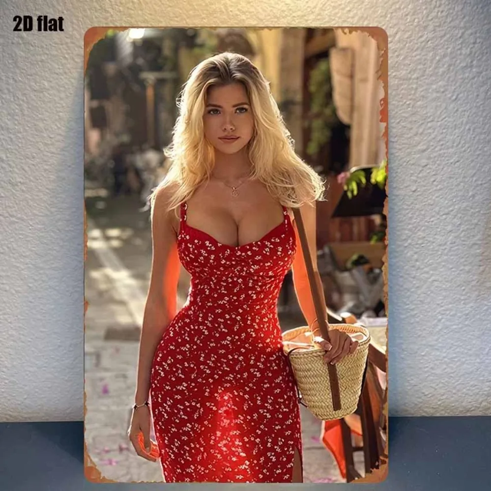 Vintage Metal Sign Beautiful Blonde Woman in Red Floral Dress - Wall Decor for Home Restaurant Bar Coffee Shop Garage Classic Ar