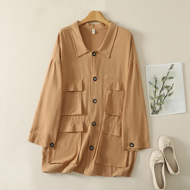 Artistic Style Casual High-Definition Hanflax Collar Jacket Multi-Pocket Original Design Women's Short Outerwear Autumn New A...