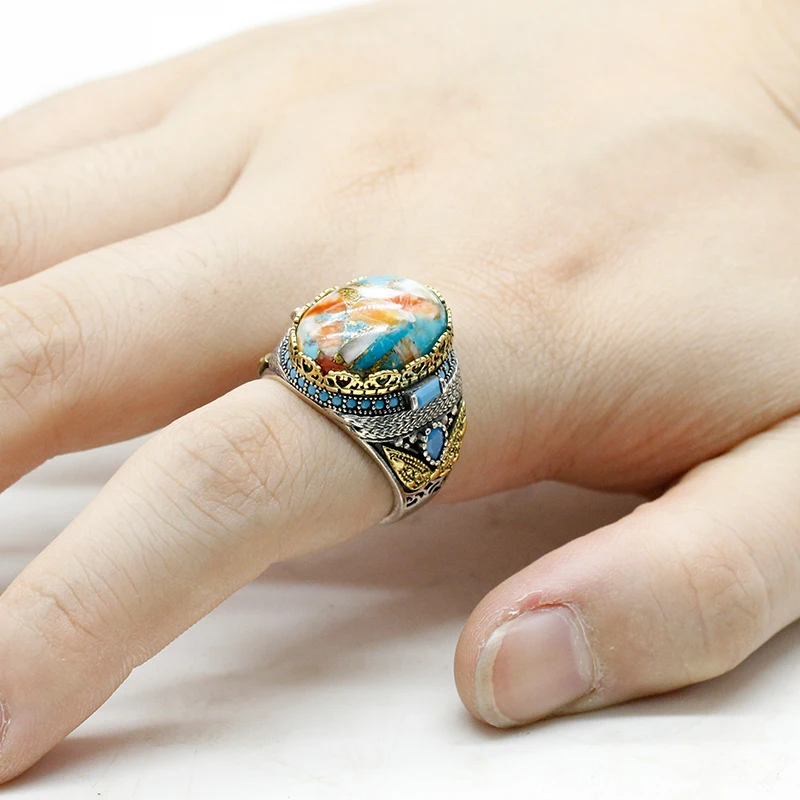 خاتم رجالي من الفضة الإسترليني عيار 925 خاتم عتيق من الفيروز الطبيعي من الفضة الإسترليني مجموعة مجوهرات Türkiye خاتم نسائي