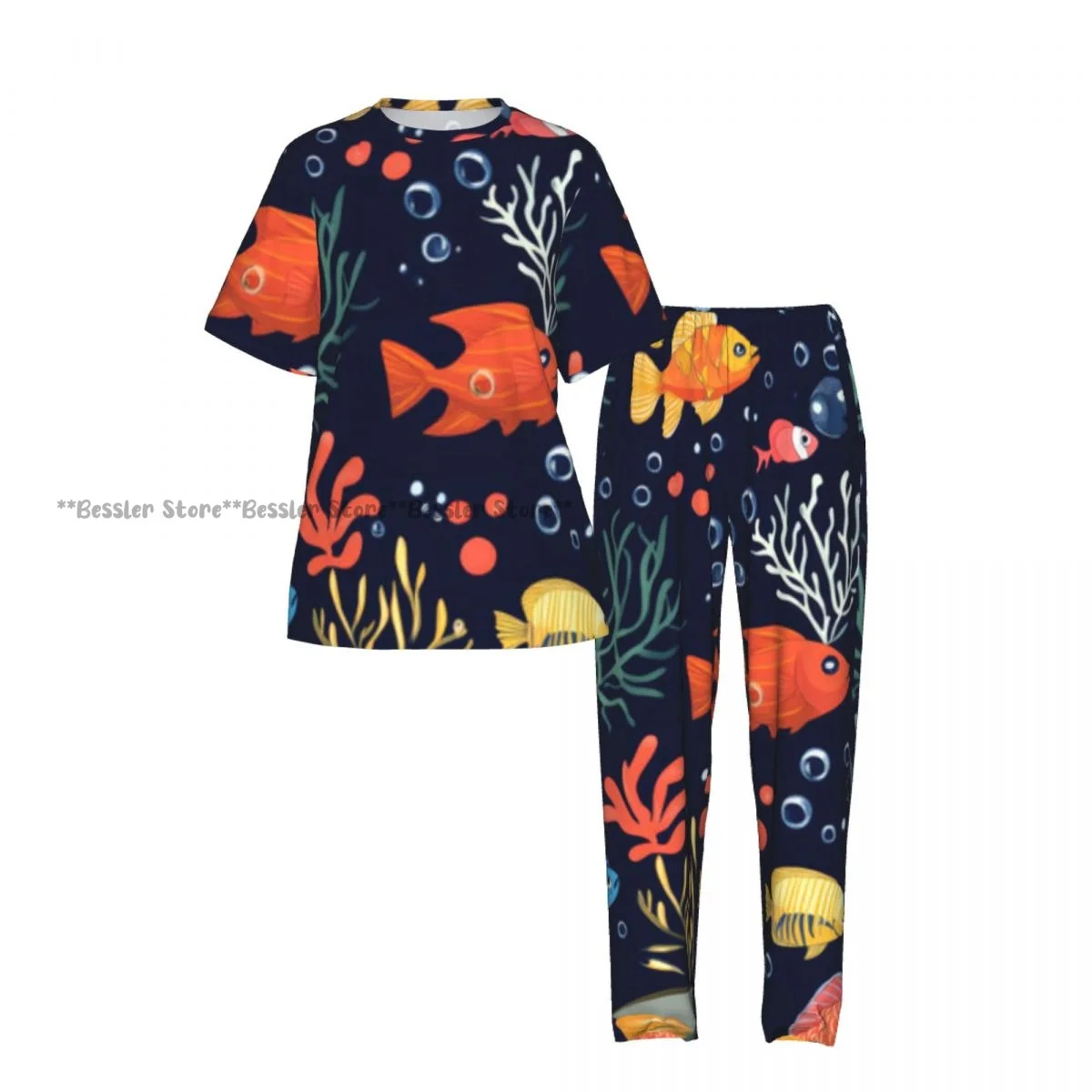 Women's Comfort Pajamas Women's Tropical Fish Swimming Through Coral Reefs With Bubbles Short Sleeve Set Sleepwear