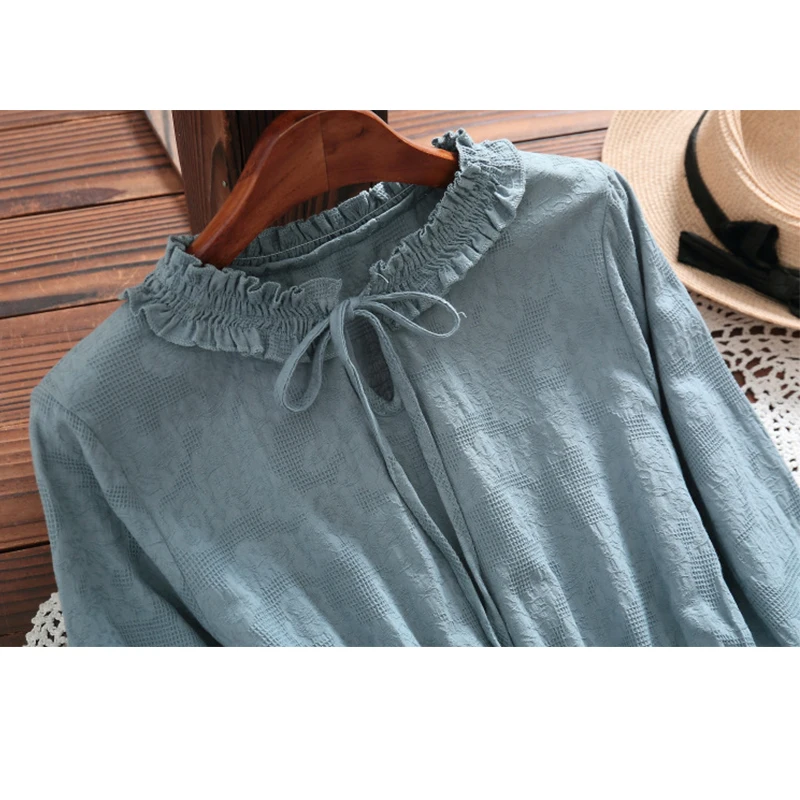 Blue Pink Vintage Dress Spring Autumn Women Long Sleeve Cotton Linen Lace-Up Elegant Vestidos Female Jacquard Dresses