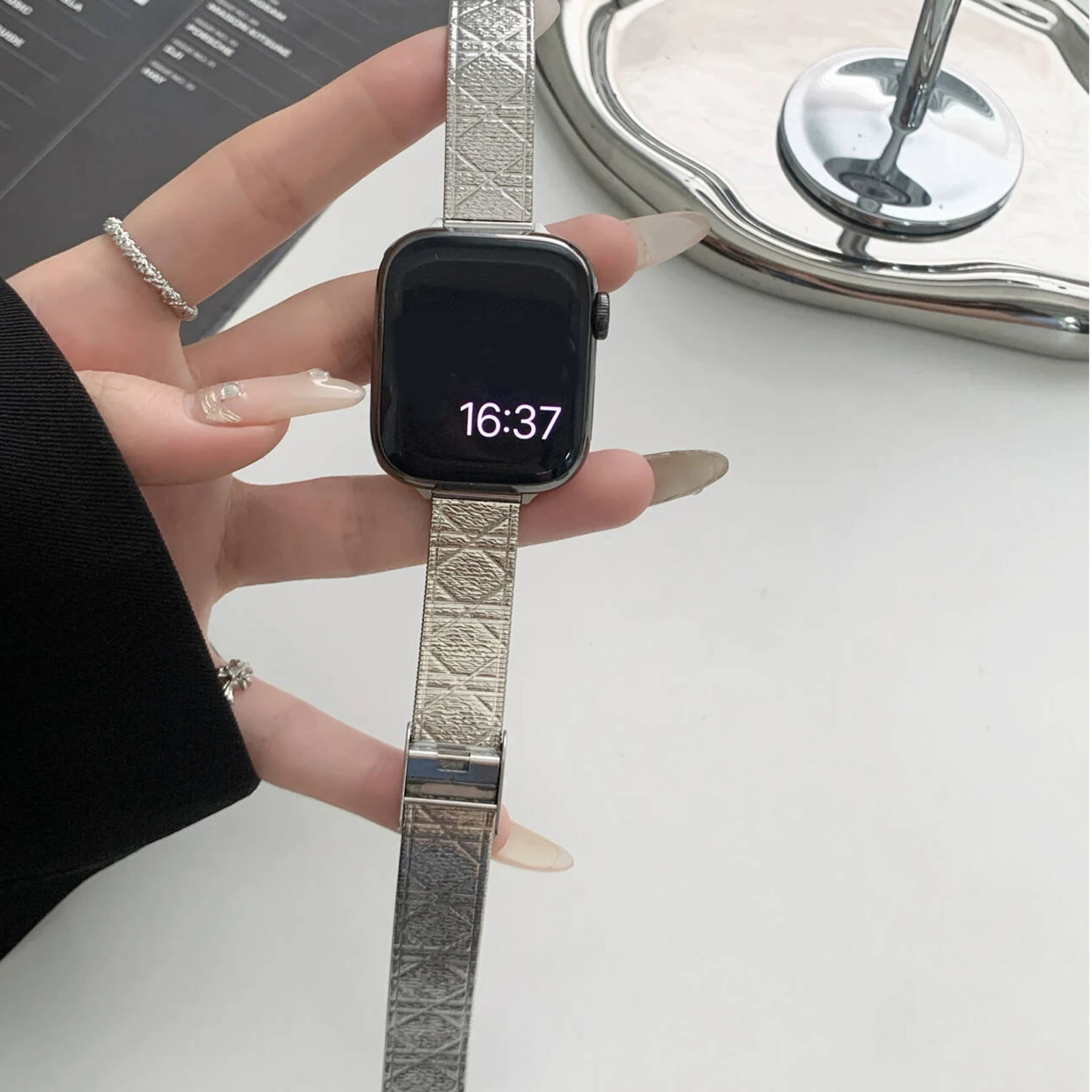 Tali jam tangan Stainless Steel untuk Apple Watch, rantai gelang logam Argyle 40 41 44 45 49mm