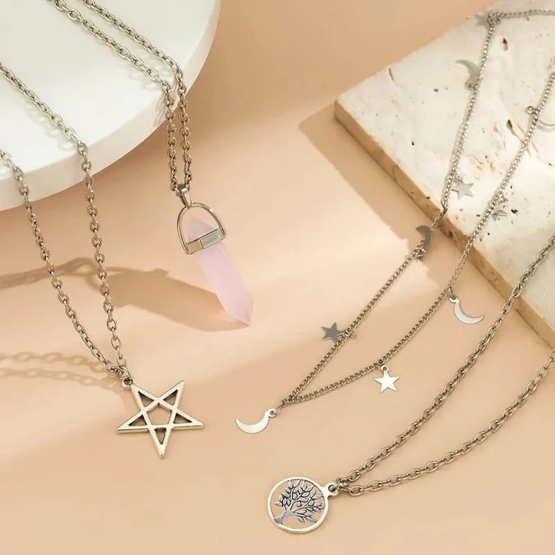 4Pcs Gothic Layered Necklace Set, Silver Chain Moon Star Tree of Life Pink Crystal Pentagram Pendant Necklaces for Women Witchy