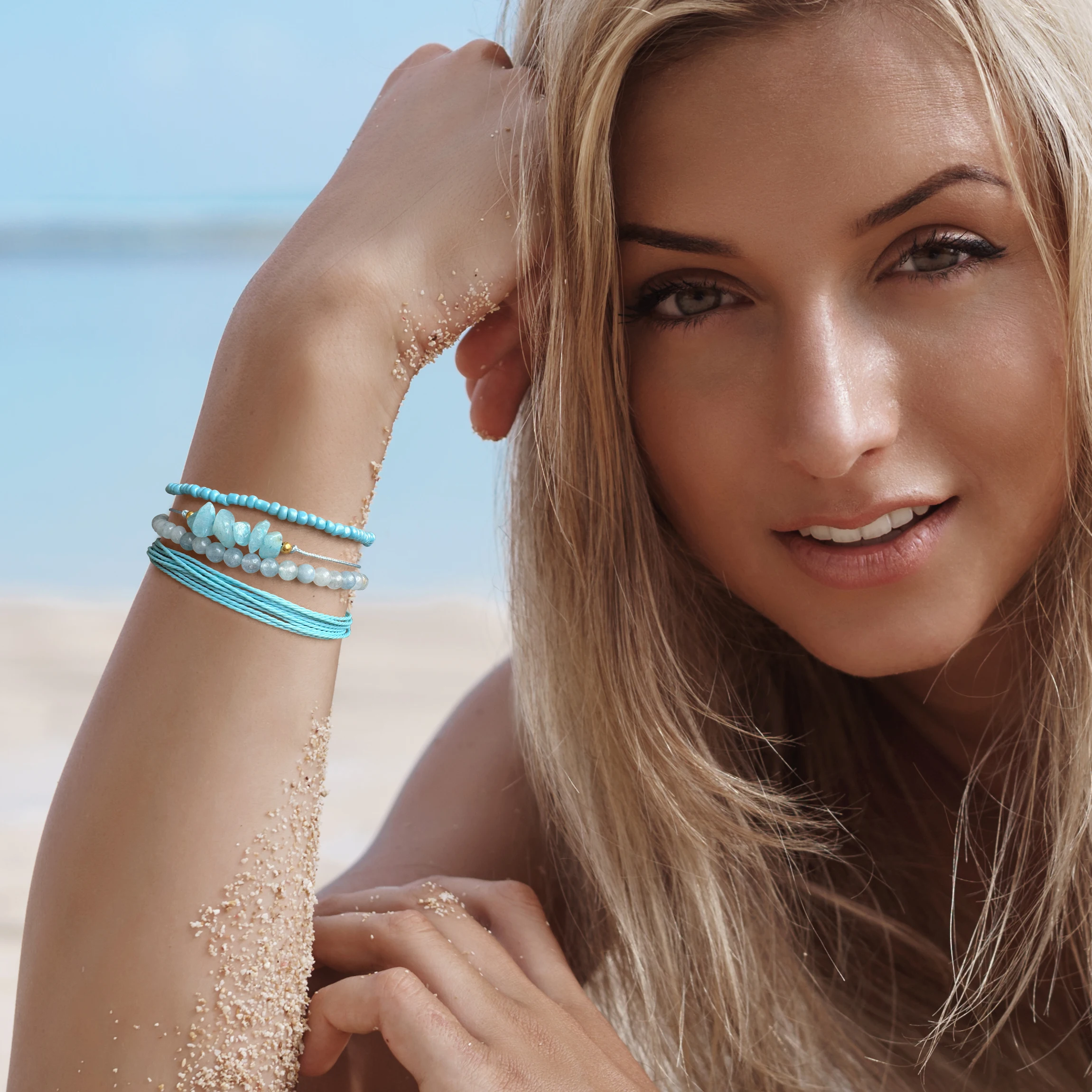 Natural Aquamarines Stone Beads Rope Bracelet Handmade 4pcs/set Multi-Layer Cord String Surfer Bracelets For Women Men Jewelry