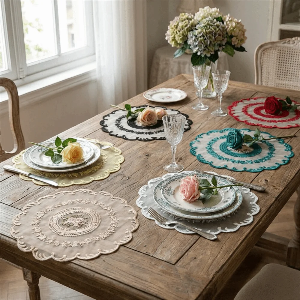 Luxury Lace Trim Embroidered Table Cover White Hollow Coffee Coaster Round Doily Lace Table Cloth Home Decor