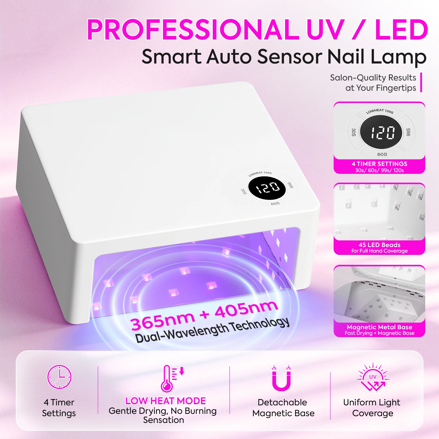 Professional UV LED Nail Lamp with 45 Dual Wavelength 365+405nm LED Beads, 4 Timer Settings 30s/60s/99s/120s Low Heat Mode