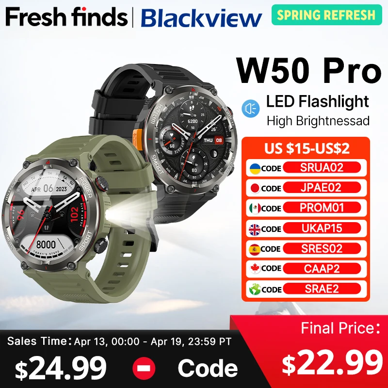 

[Мировая премьера] Умные часы Blackview W50 Pro с 1,45-дюймовым HD-дисплеем, фонариком и аккумулятором 960 мАч, Bluetooth, функцией телефонных звонков, прочные умные часы