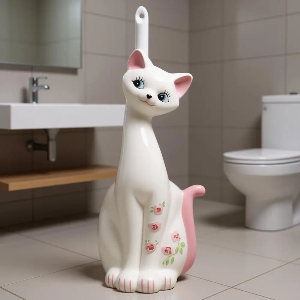 

Adorable Pink Pottery Toilet Brush Holder with Brush, 5.1 inches Wide