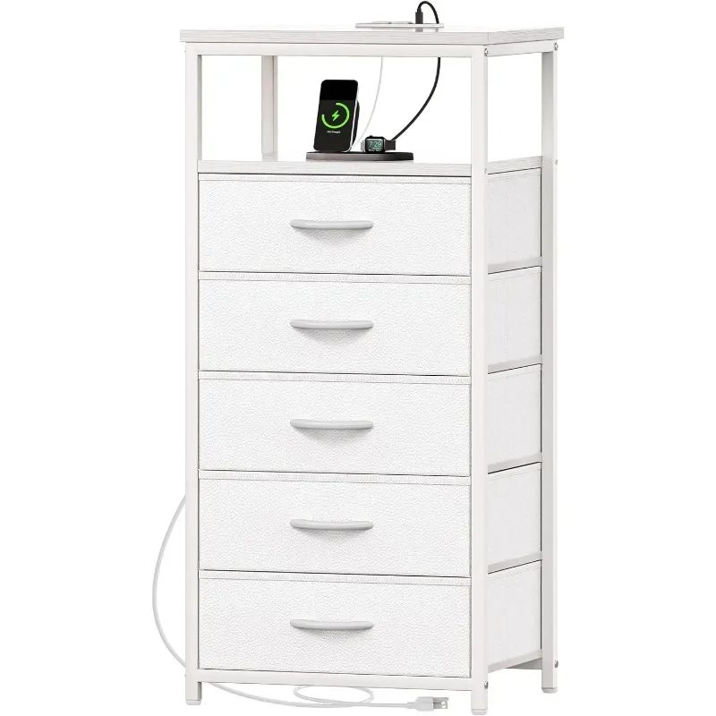 5 Drawers Dresser with Charging Station, Dresser for Bedroom, Tall Night Stand, Chest of Drawers with Open Shelf, Bedside Table