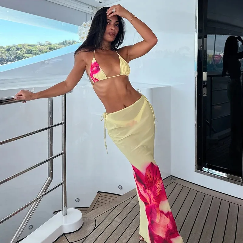 2025 Seksowny niebieski kwiatowy 3-częściowy zestaw bikini dla kobiet - JINIA Swimwear Brazilian Biquini Triangle Top Cover Up Sarong Beachwear