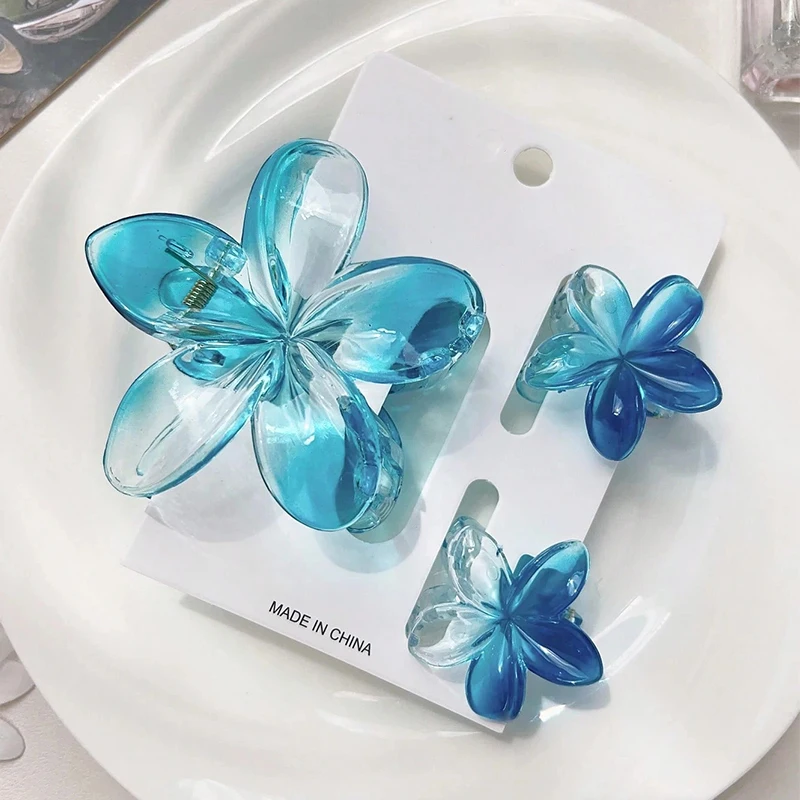 3pcs Shiny Ombre Translucent Blue Frangipani Flower Hair Claws, Big & Small Size, Beachy Spring/Summer Hair Clip Accessories image 3