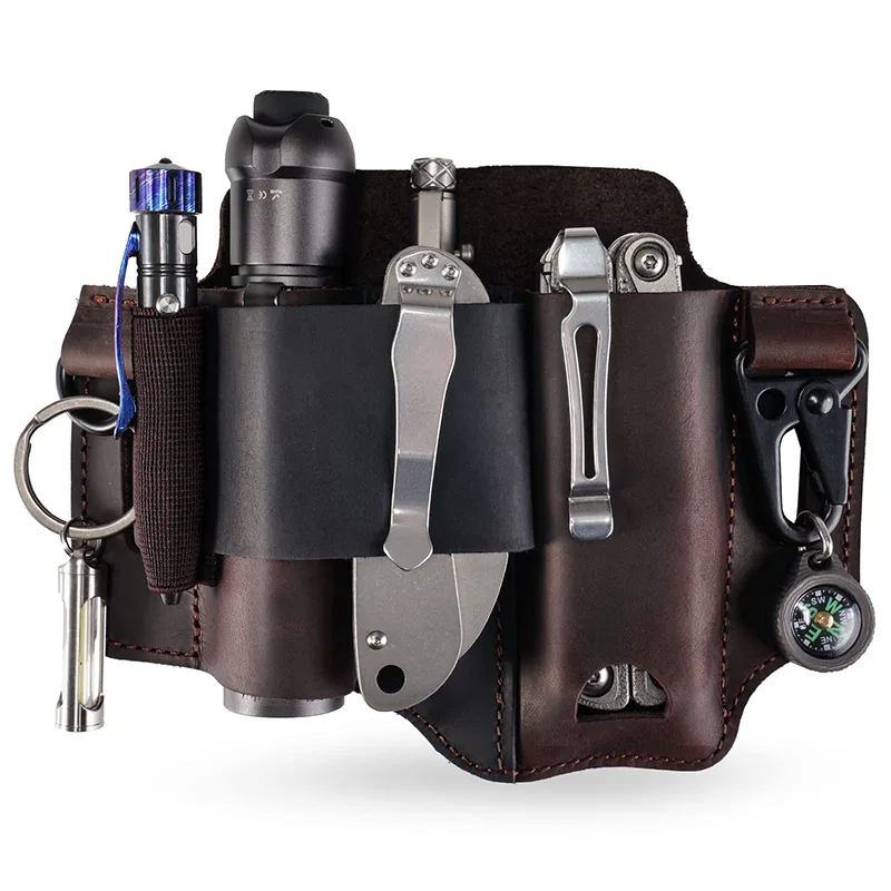 New Cow Leather men's outdoor tool waist bag camping flashlight steel knife leather cover Packaging