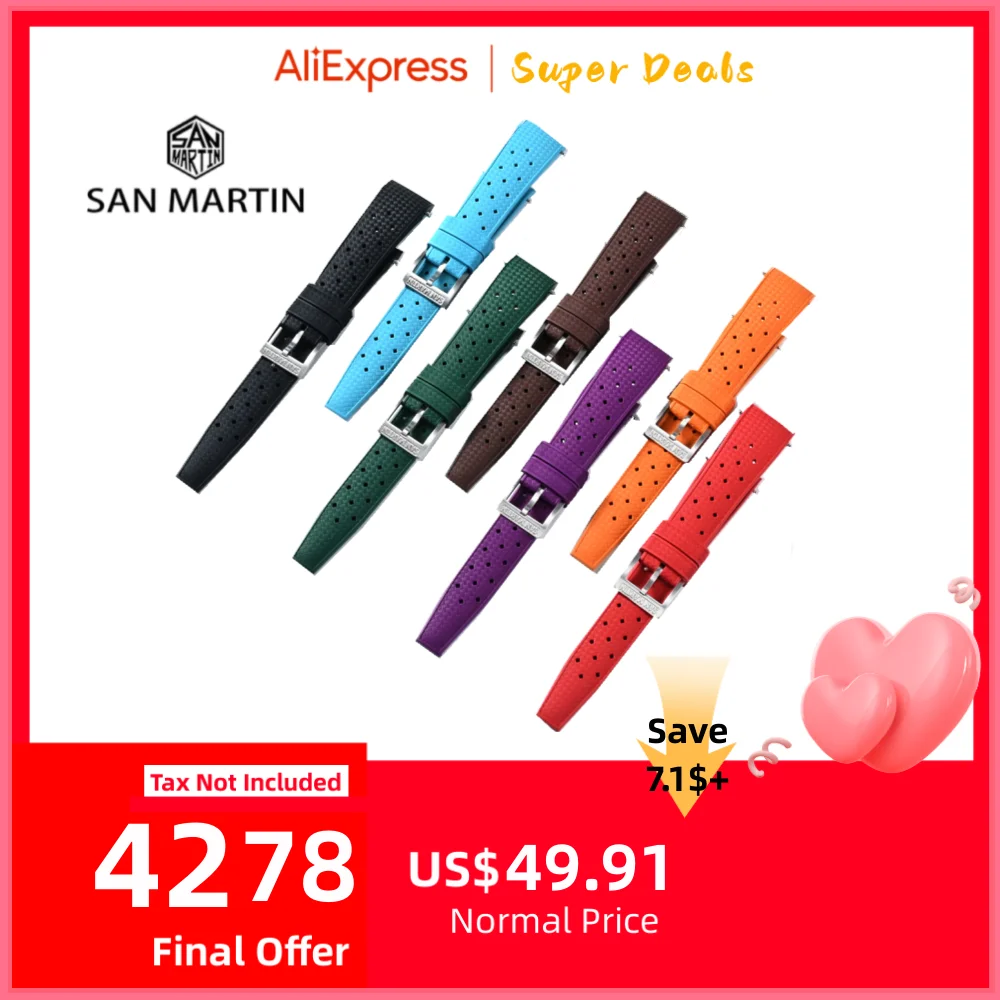 

San Martin Premium Tropical Fluorine Rubber Watchband Curved Ends For SN0144 Watch Strap 19/20/21mm Colorful Durable Waterproof