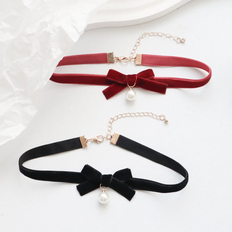 Red & Black Sexy Velvet Pearl Pendant Choker for Women Bow Neck Clavicle Necklace Lady Jewelry Accessories Girl Gift Lace Gothic