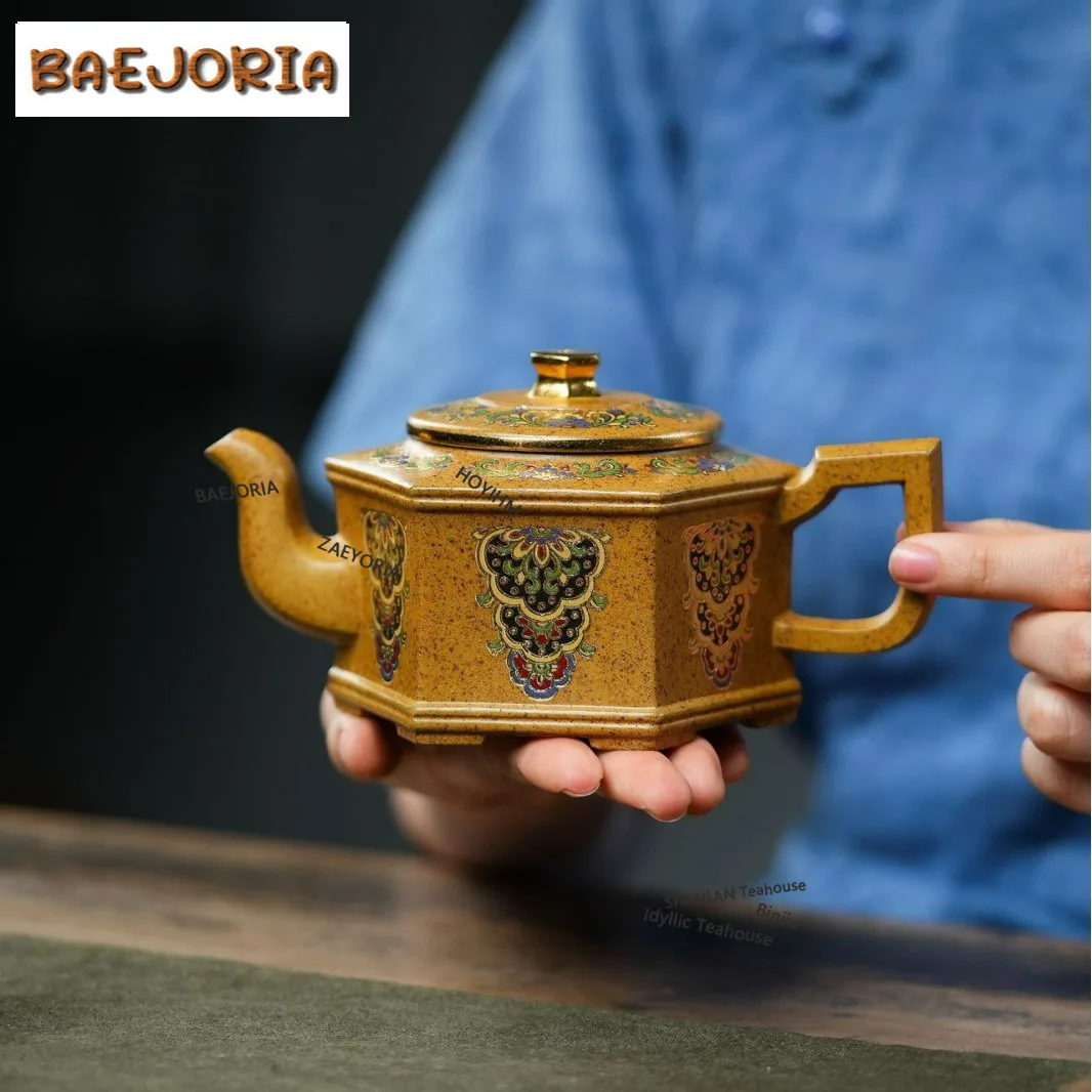 BAEJORIA 350ml Yixing Purple Clay Teapots Handmade Colour Enamels Hexagonal Pot Raw Ore  Keel Gold Sand Mud Kettle Zisha Tea Set