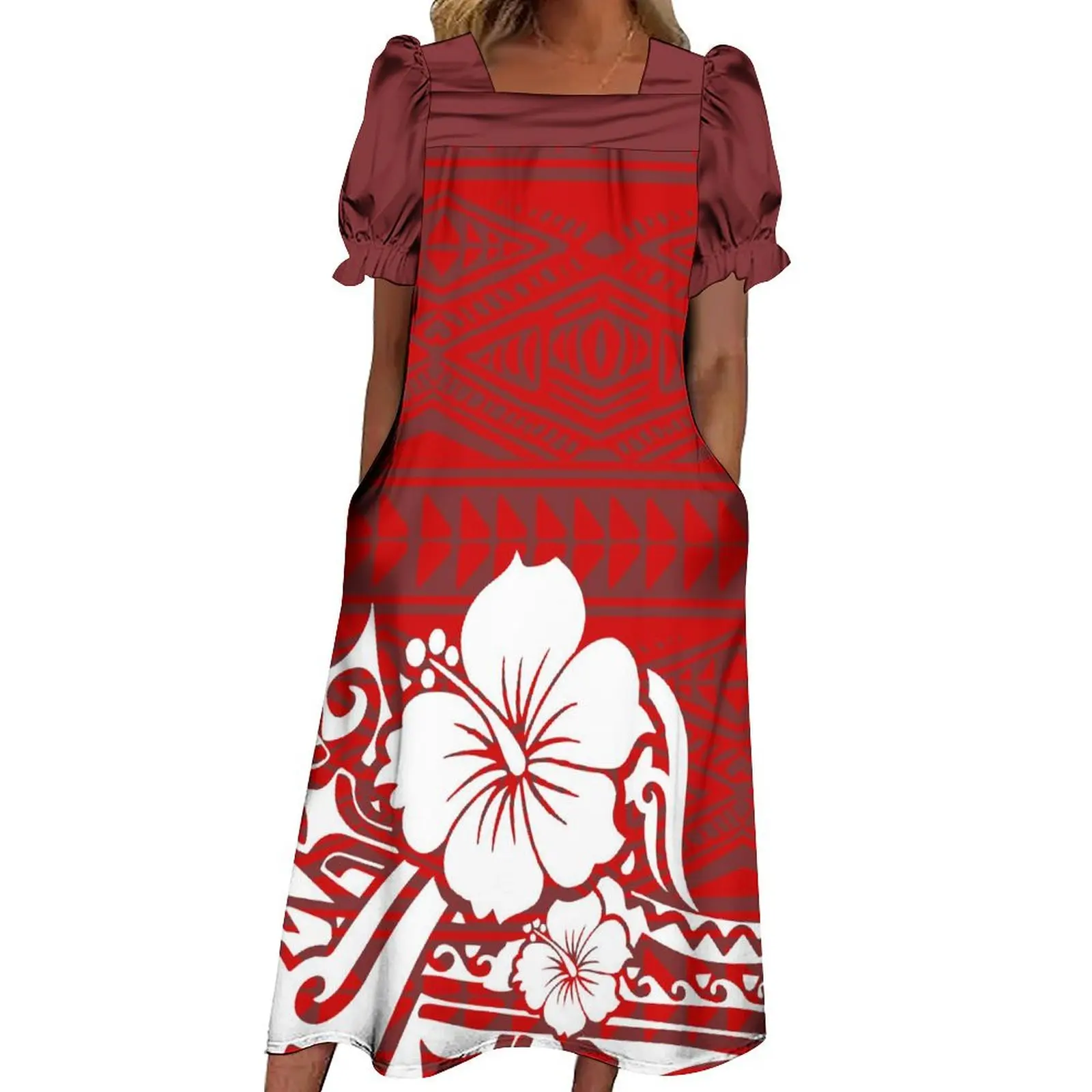 

Samoan Style Bubble Sleeve Women Dress MUMU Polynesian Women Dress With Pockets Hawaii Fashion Novelty Women Clothing