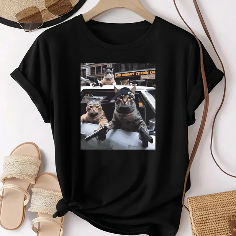 Funny Cat Gang Meme Graphic T Shirts Men's Women's Fashion Vintage Short Sleeve T-shirt Oversized Women Clothes
