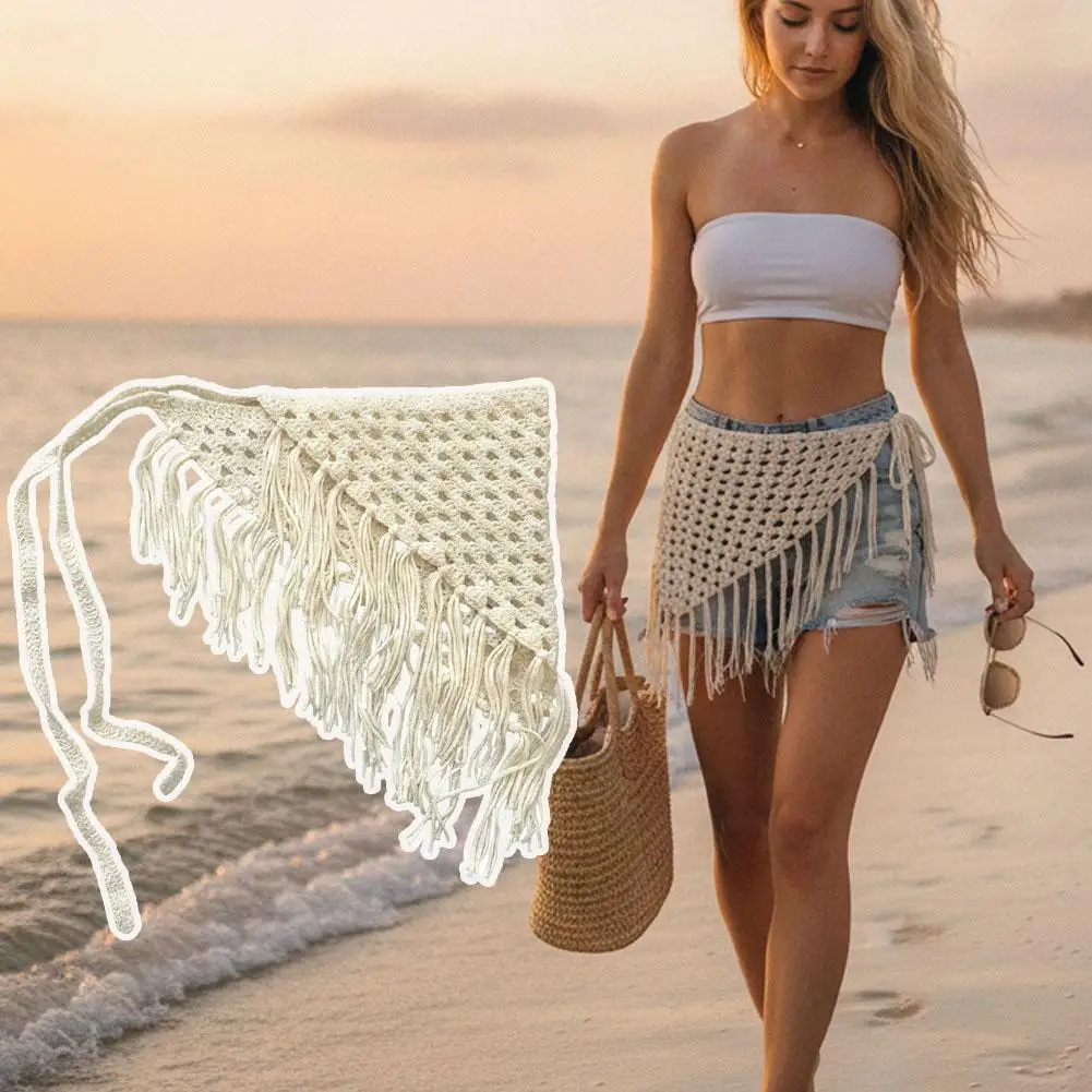 Retro Crochet Tassel Fringe Triangle Hair Scarf Women Girls Hip Scarf Tie-UP Aesthetic Apron Skirts Hollow Out Triangle Scarf ﻿