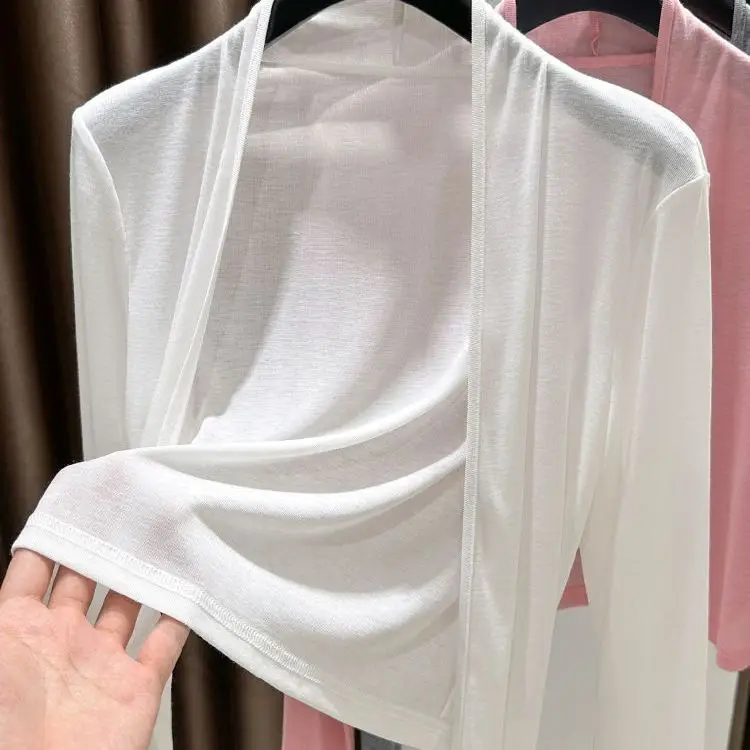 

Белый шелковый кардиган без рукавов с рюшами, женская летняя верхняя одежда, легкая накидка-шаль для защиты от солнца и кондиционирования воздуха