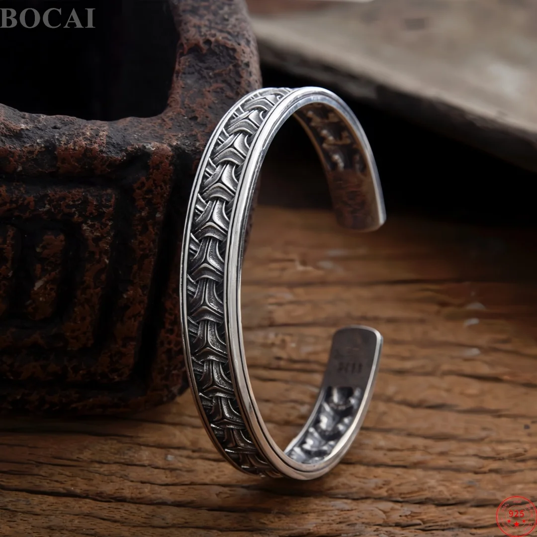 BOCAI New S925 Sterling Silver Charms Bangle for Men Women Antique Chinese Ancient Armor Pattern Bracelet Fine Choice Jewelry