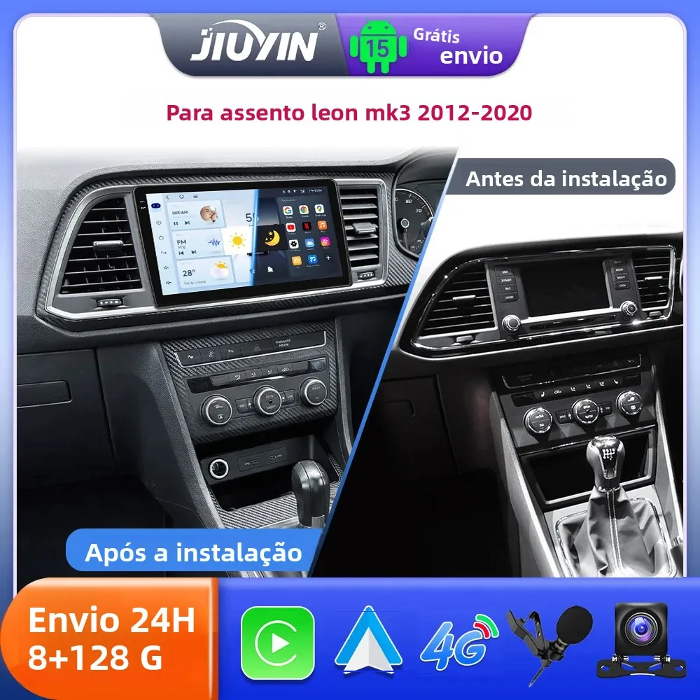 Rádio Automotivo JIUYIN 9" Android 15 RHD para Seat Leon MK3 2012-2020, Multimídia com CarPlay, Navegação GPS, Reprodutor de Vídeo e Estéreo Automotivo