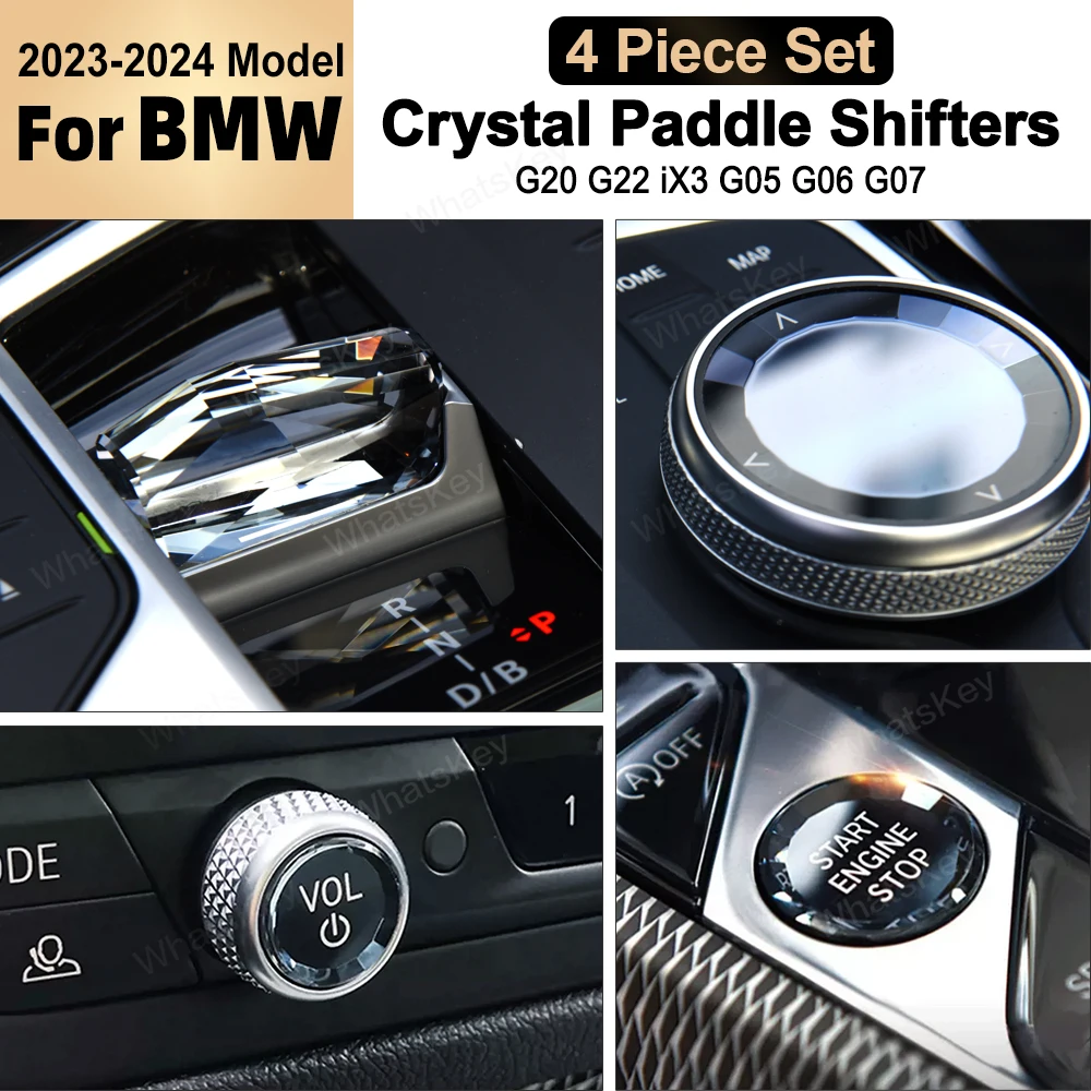 4 Piece Set Crystal Gear Paddle Shifter Knob Metal Base For BMW G20 G21 G22 G23 G26 G28 IX3 G08 X5 G05 X6 G06 X7 G07 2023 2024