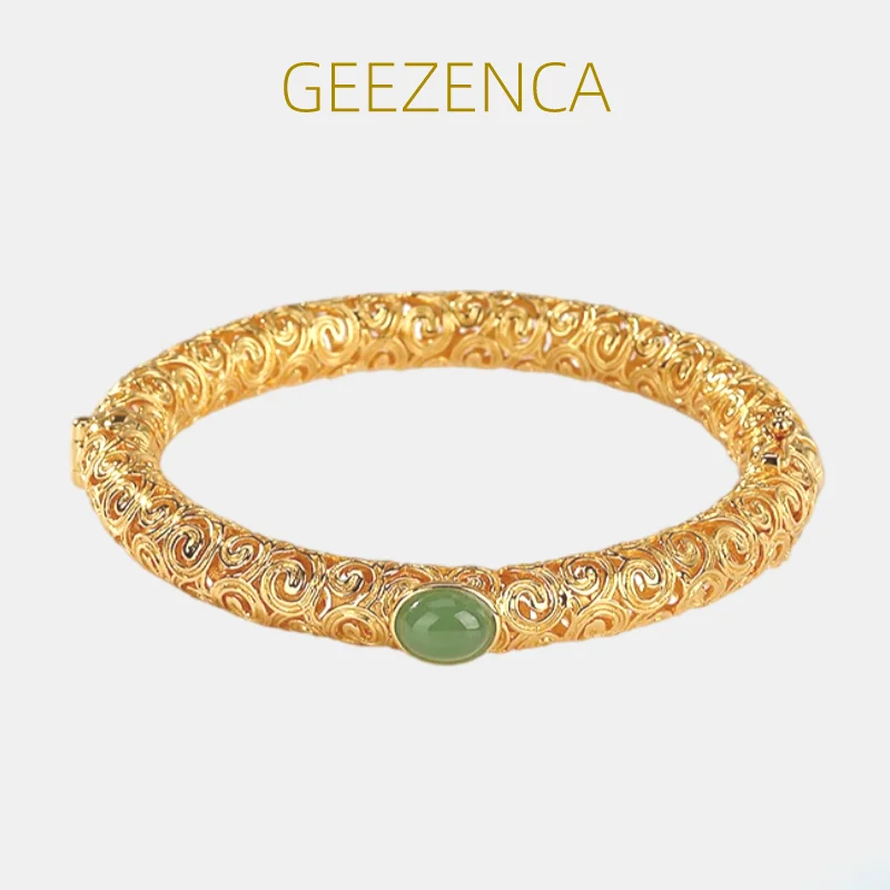 GEZENCA Luxury 925 Sterling Silver Gold Plated With Jasper Women's Bangle Vintage Hollow Out Auspicious Clouds Bracelet Bangle