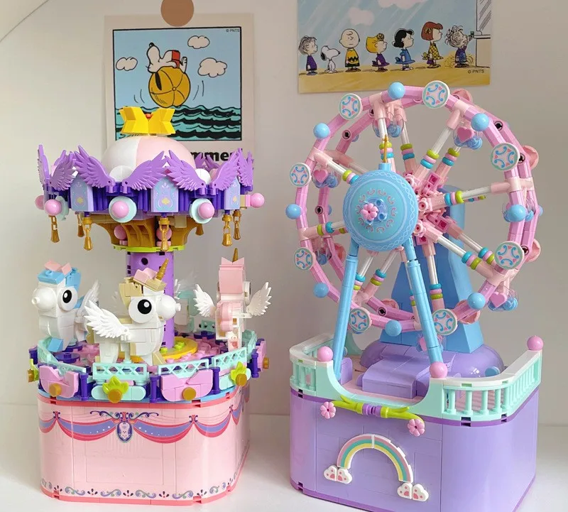 carousel ferris wheel small particle building blocks rotatable music box toys holiday gift box packaging