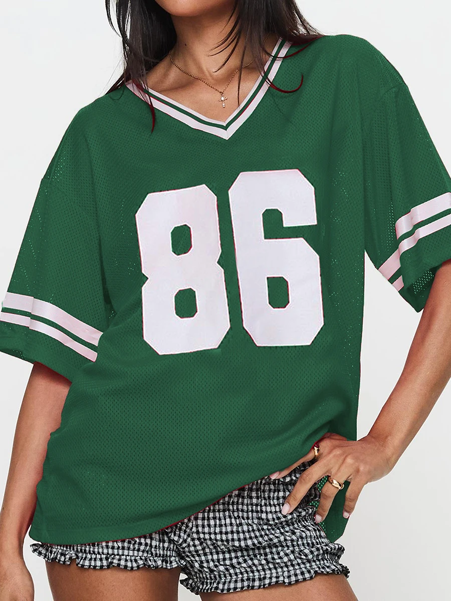 

Women Summer Casual Jersey Tee Short Sleeve Number Print V Neck Loose Fit Mesh Tops Punk Hip Hop Sporty T-shirts for Streetwear