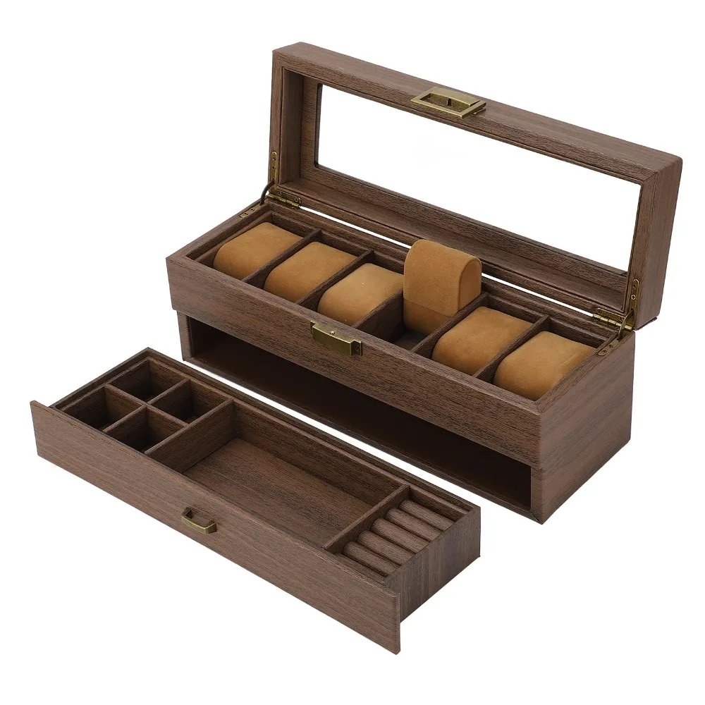 8pcs Black Walnut Wood Watch Holder Organizer Ultra Thin Frame Multiple Slots Watch Display Case PU Leather Double Layer
