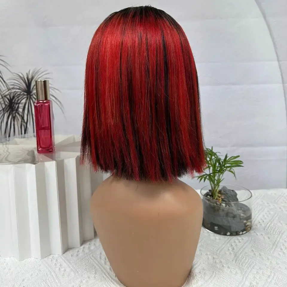 Wig rambut manusia Remy Brasil lurus warna 1B/merah Piano 10 inci dengan kepadatan 200% untuk wanita Wig Bob lurus renda depan 4x4 obral