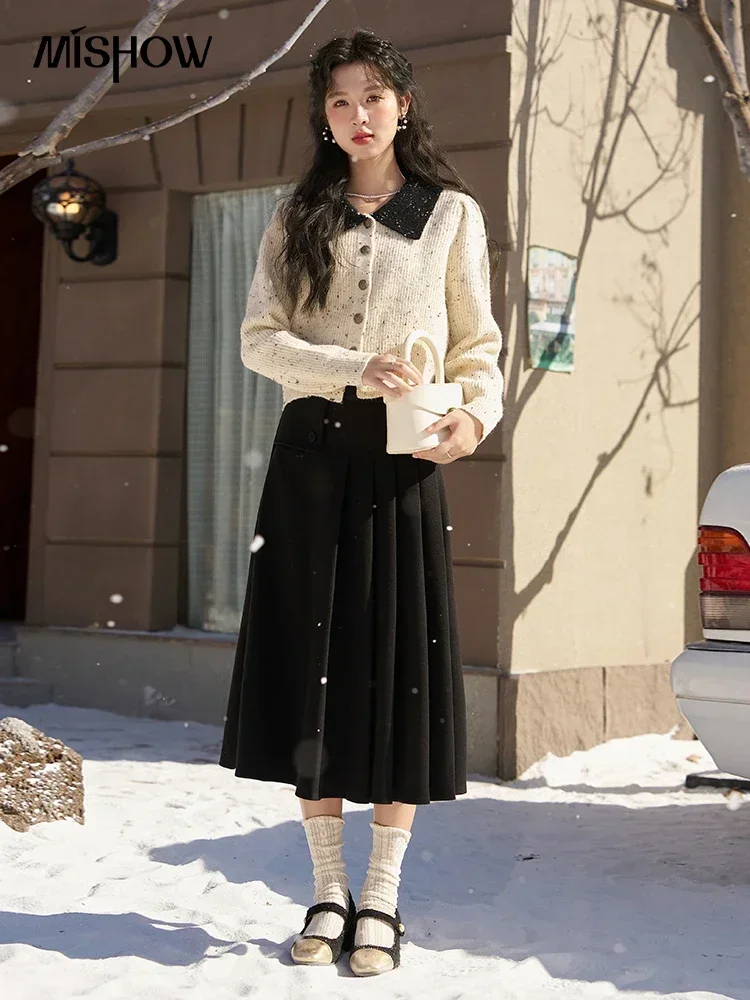 Autumn Winter Cropped Knitted Sweater Women Vintage Office Ladies Lapel Contrasting Polo Neck Knitted Cardigan Tops MXC56Z0440