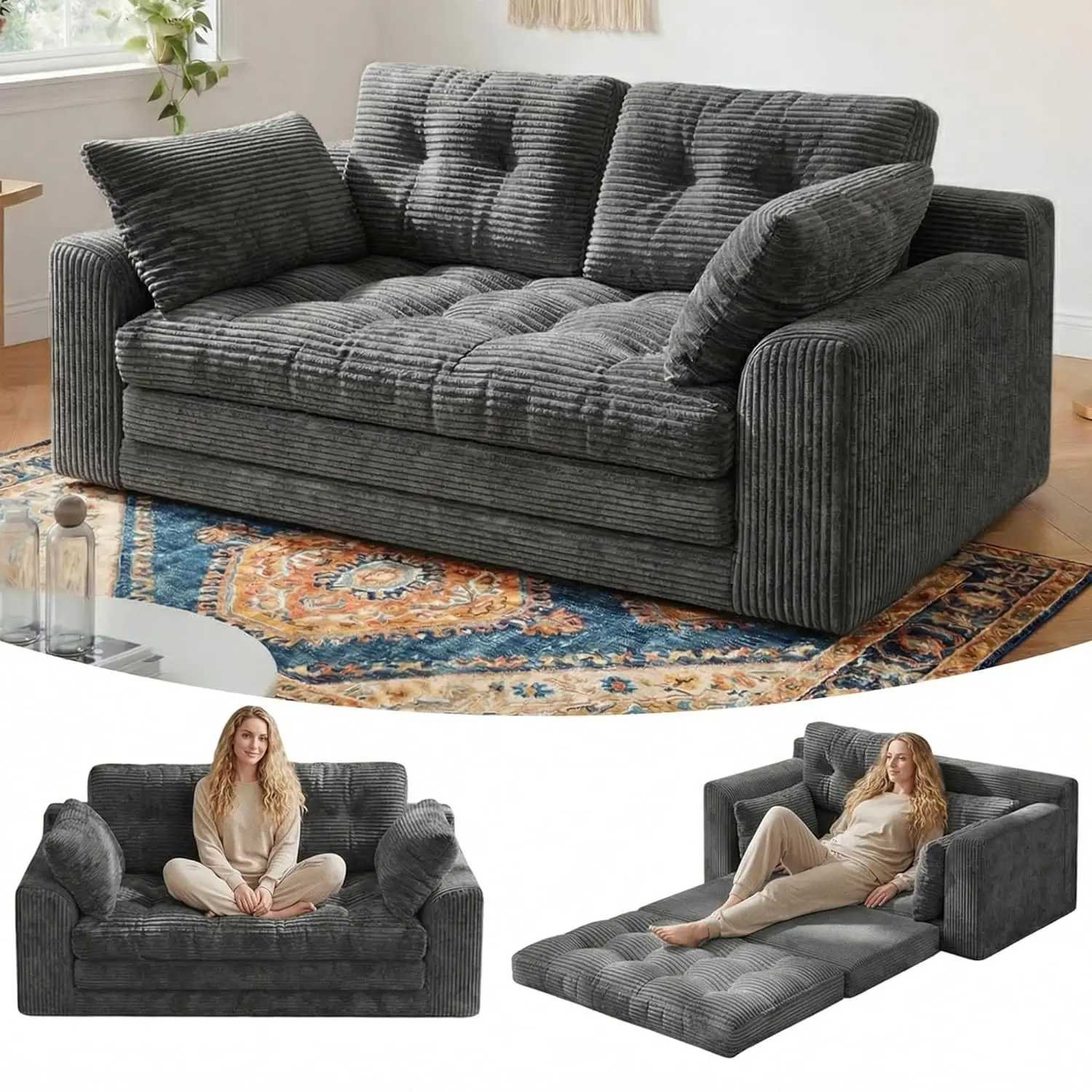 #Grey Convertible Folding Sofa Bed Out Sleeper Corduroy Futon with Pillows Tri-Fold Small Space Portable