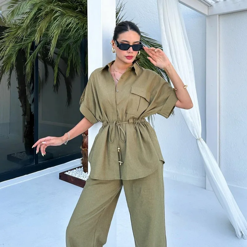 

Drawstring Two Piece Pant Set Casual Lapel Collar Single Breasted Short Sleeve and High Waist Straight Pant Outfit Summer Sets