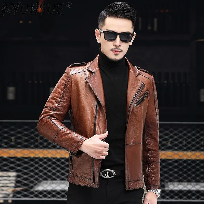 

AYUNSUE Real Leather Jackets for Men 2023 Spring and Autumn Thin Mens Leather Jacket Suit Collar Oil Wax Sheepskin Leather Coat