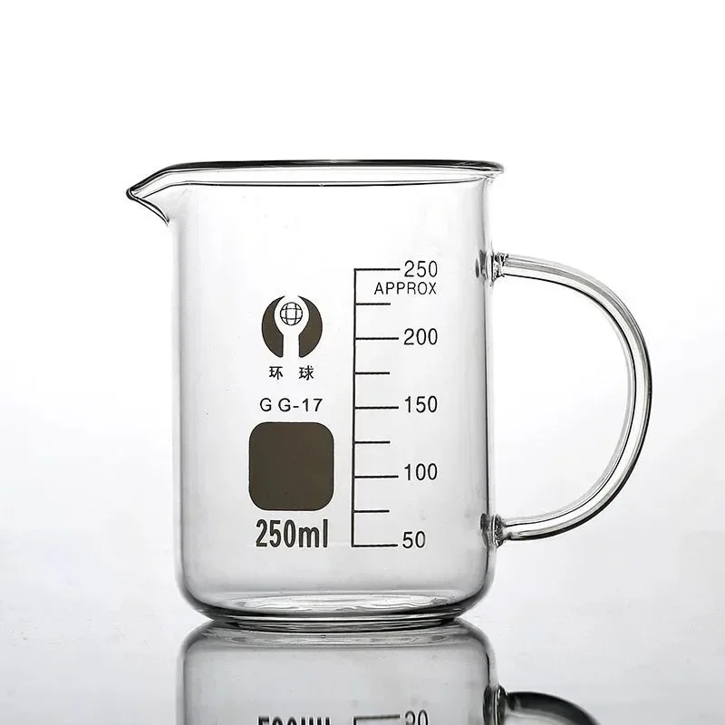 Vaso de vidrio de alto borosilicato con mango, taza medidora de escala, equipo de laboratorio, 50ml, 100ml, 250ml, 500ml, 1000ml, 1 Uds.