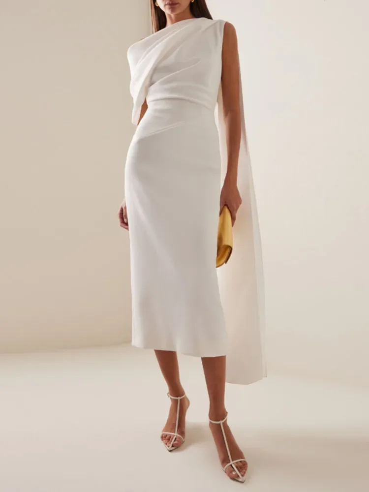 

customized elegant Round Collar Sleeveless Solid Color Patchwork Shawel Dresses For Women Banquet socialite evening gown