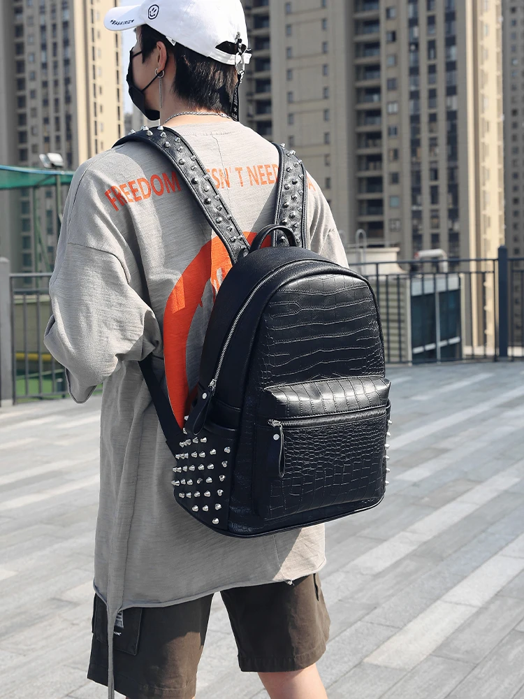 Trendy Men's Backpack Double Shoulder Business Commuter Computer Bag Korean Style Student Bookbag Rivet Fashionable Laptop Bag