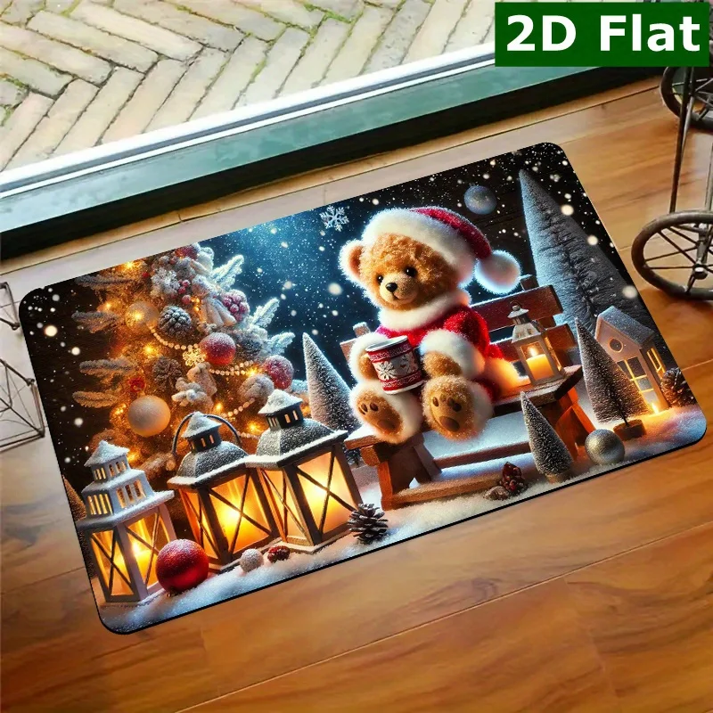 1pc Rectangular Christmas Teddy Bear Warm Night Welcome Area Rug, Non‑Slip Easy‑to‑Clean Entry Mat for Kitchen