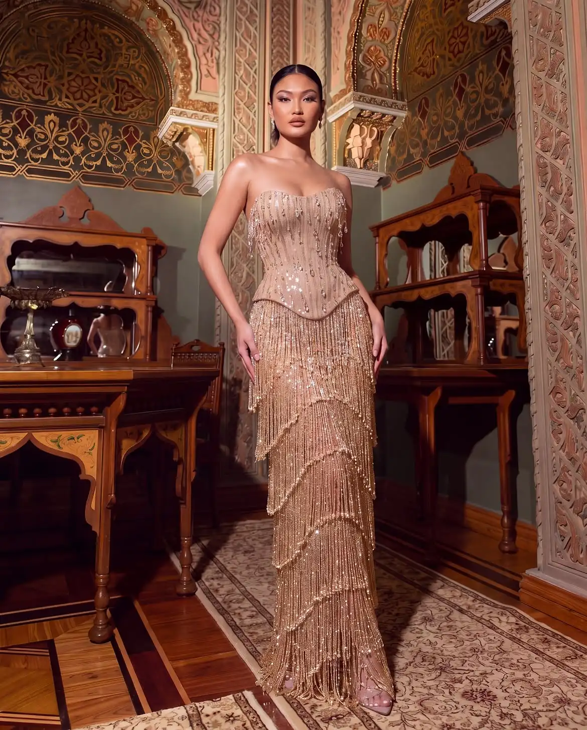 Champagne Gold Strapless Mermaid Evening Dresses Tiered Beaded Tassel Fringe Sequin Long Formal Party Dresses For Women