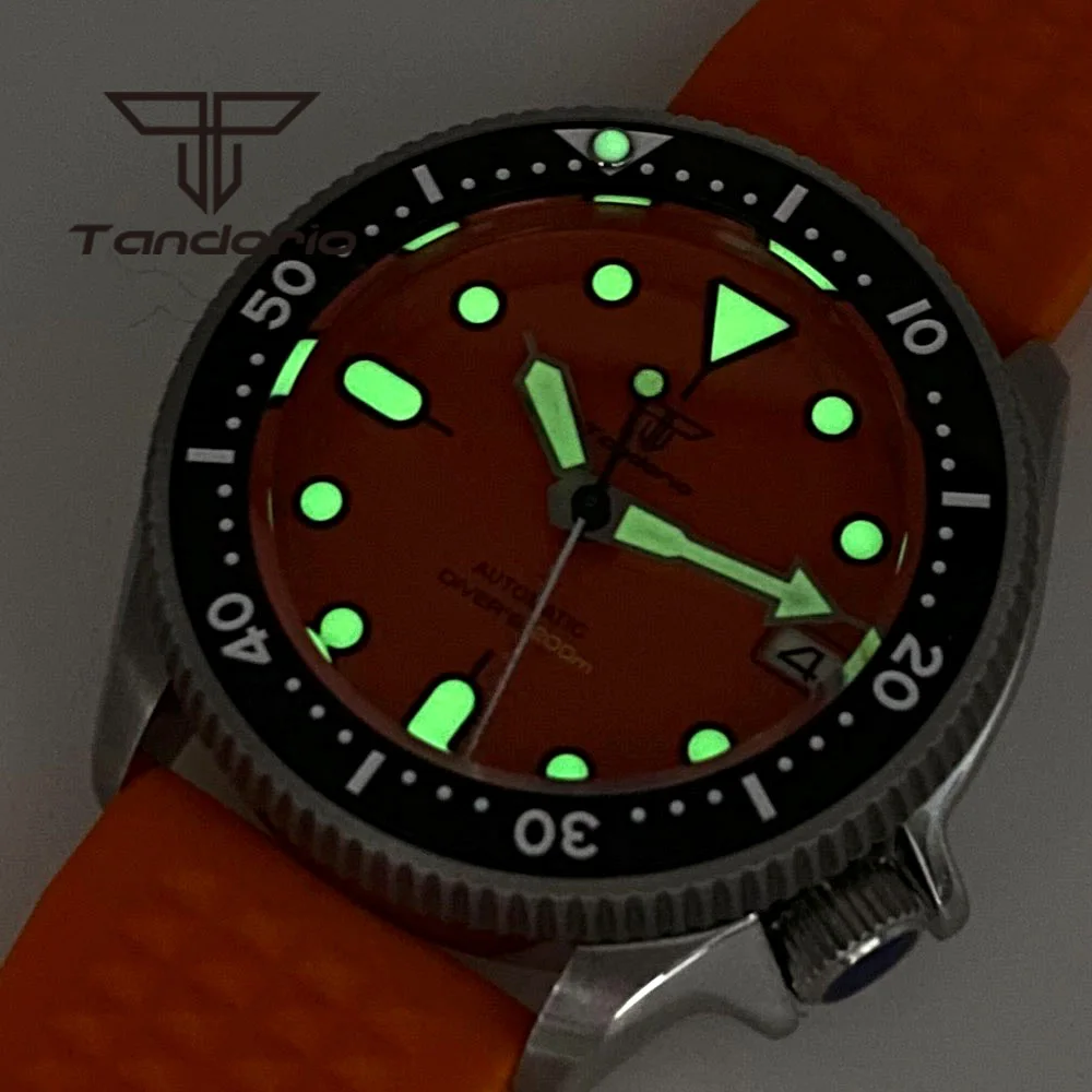 Tandorio NH35A Orange Dial Auto Date 37mm 200M Luminous Automatic Dive Watch for Men Lady Sapphire Glass Ceramic Rotating Bezel