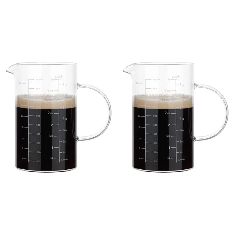 HLZS-2X Glass Measuring Cup, Insulated Handle, V-Shaped Spout, High Borosilicate Glass Measuring Cup 1000ML, /1 Liter, 4 Cup