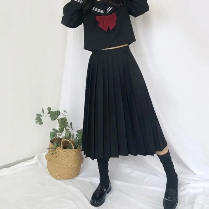 Elastic Waist Japanese Student Girls School Uniform Solid Color JK Suit Pleated Skirt Short/Middle/Long High School Dress