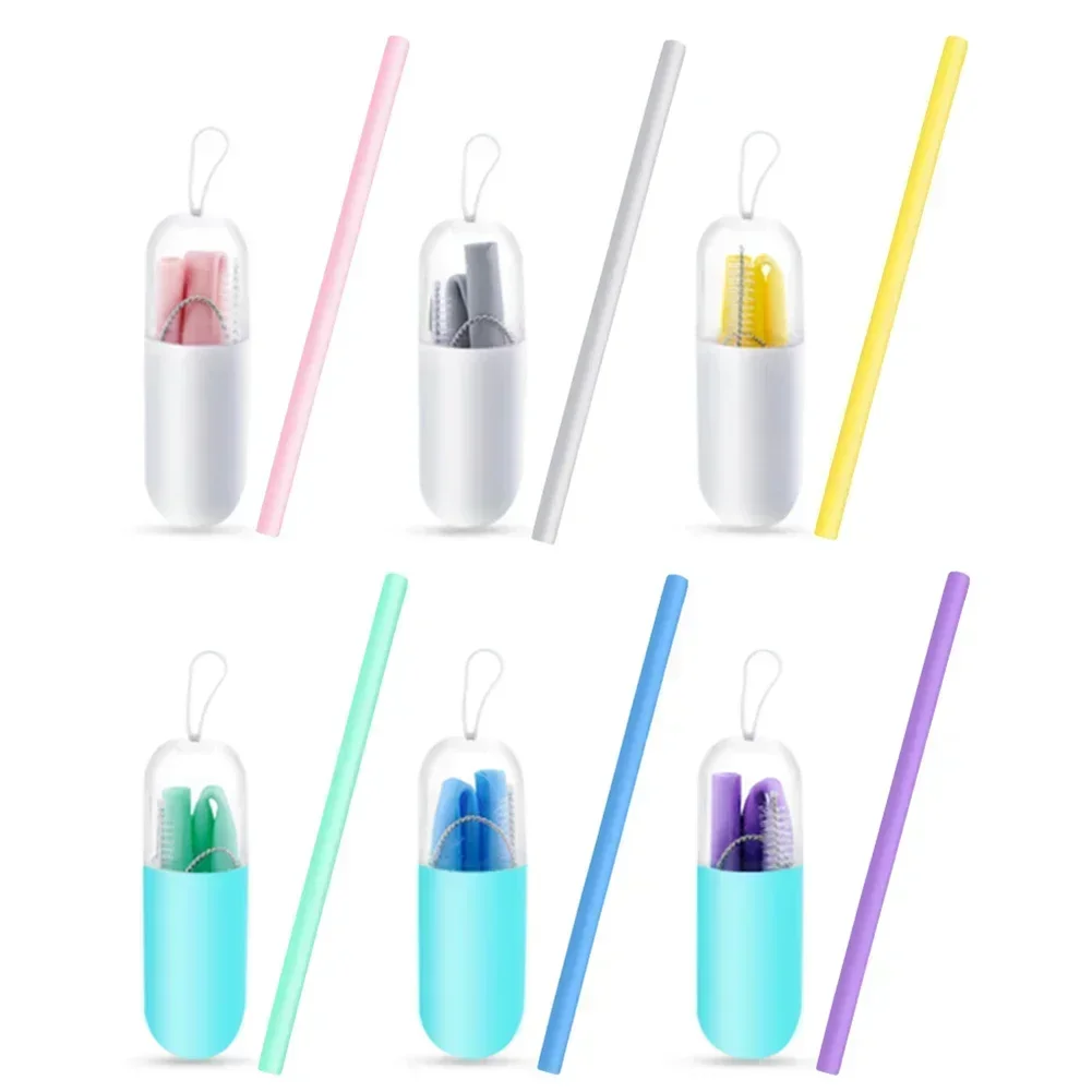 Drinking Silicone Straw Reusable Folding Portable Outdoor With Cases Cleaning Brush Sets Party Bar Drinkware Accessories